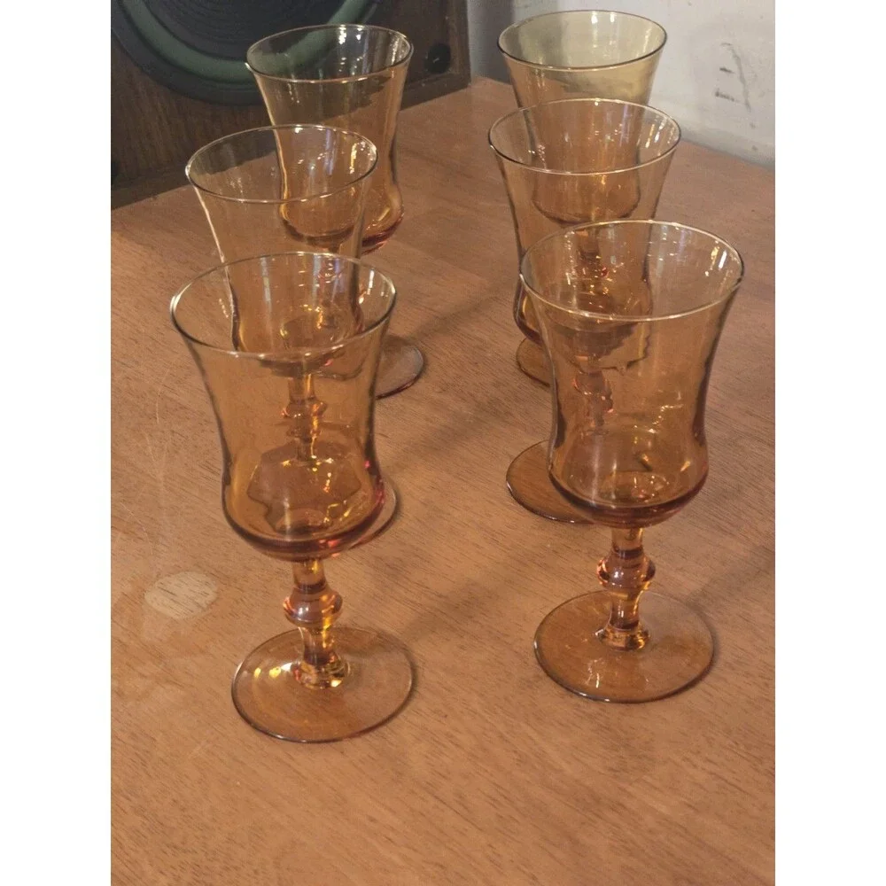 Vintage Amber Glass Wine Goblets - Set of 6 - Mid-Century Modern Tulip Stemware